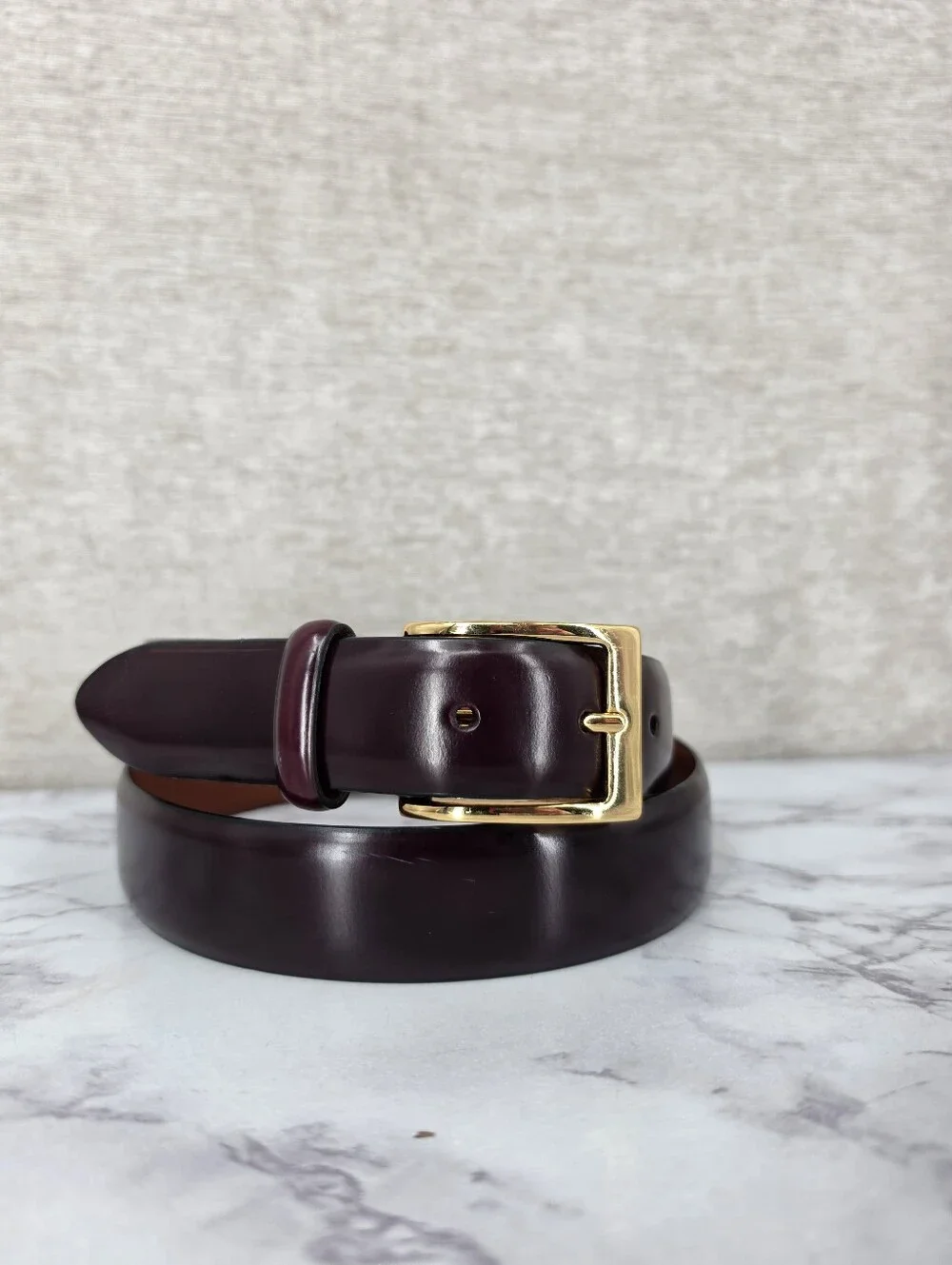 Cole Haan Men's Leather Belt in Deep Burgundy with Gold Tone Brass Buckle